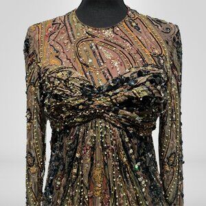 Vintage Beaded Evening Gown – Olive & Brown, S/M, Intricate Sequins